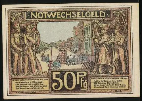 Notgeld Hamburg 1921, 50 Pfennig, Jungfernstieg um 1800 und Hamburger Bürgerwehr um 1660