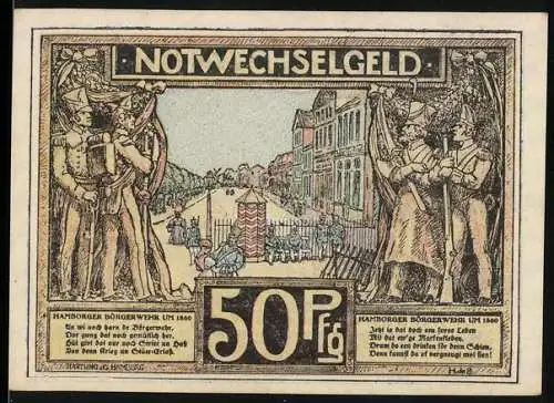 Notgeld Hamburg 1921, 50 Pfennig, Hamburger Bürgerwehr um 1860 und Jungfernstieg um 1800