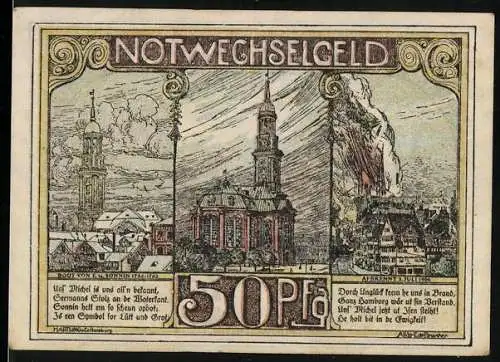 Notgeld Hamburg, 50 Pfennig, Stadtansichten mit Kirchen und Hafen, 1921