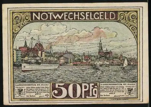 Notgeld Hamburg, 50 Pfennig, Stadtansichten mit Kirchen und Hafen, 1921