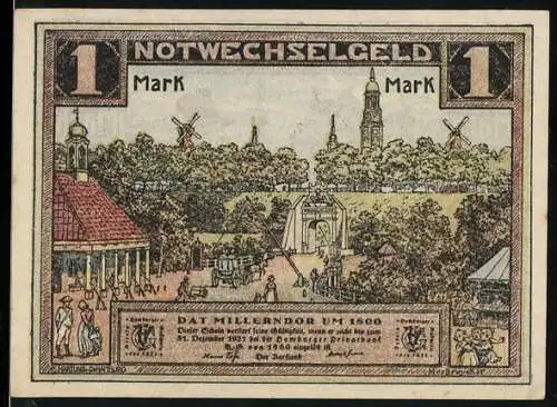 Notgeld Hamburg, 1921, 1 Mark, historische Szenen mit Windmühlen und Hamborgs Originale