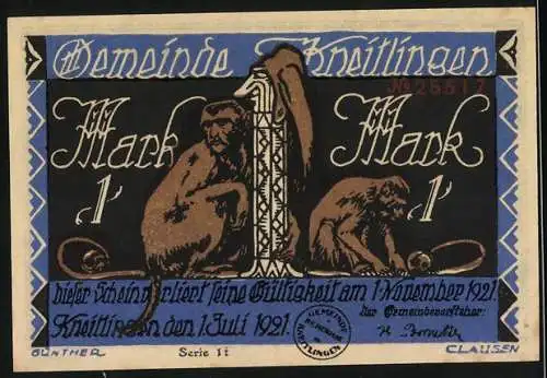 Notgeld Kneitlingen 1921, 1 Mark, Till Eulenspiegel und Tiere in Backstube und Affen