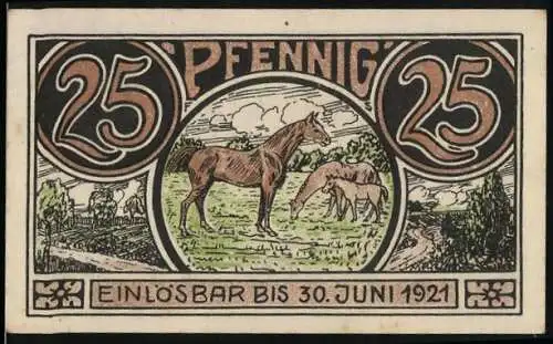 Notgeld Winsen, 1921, 25 Pfennig, Pferde auf der Wiese und Hirte mit Schafherde