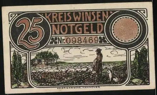 Notgeld Winsen, 1921, 25 Pfennig, Pferde auf der Wiese und Hirte mit Schafherde