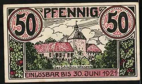 Notgeld Winsen, 1921, 50 Pfennig, Kühe auf Weide und Schloss Winsen