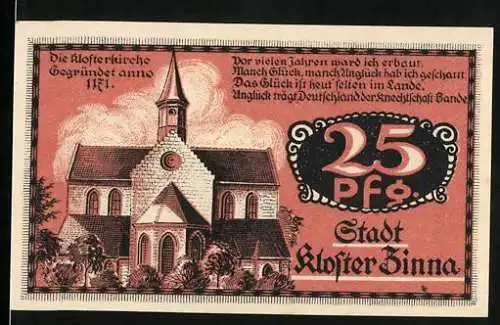 Notgeld Kloster Zinna 1921, 25 Pf, Jubiläums-Notgeld mit Klosterkirche und Wappen der Stadt