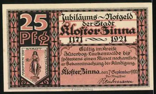 Notgeld Kloster Zinna 1921, 25 Pf, Jubiläums-Notgeld mit Klosterkirche und Wappen der Stadt