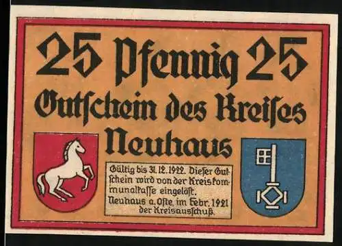 Notgeld Neuhaus, 1921, 25 Pfennig, Gutschein des Kreises Neuhaus mit Wappen und Bauernhaus