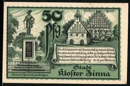 Notgeld Kloster Zinna 1921, 50 Pfennig, grüne Banknote mit Denkmälern und Jubiläumstext