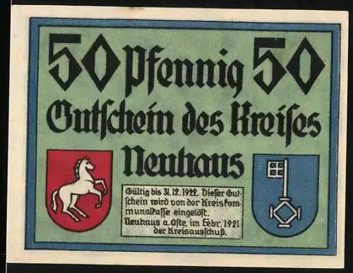 Notgeld Neuhaus 1921, 50 Pfennig, Gutschein des Kreises mit Windmühle und Wappen