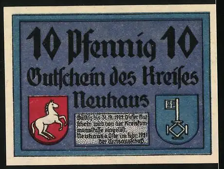 Notgeld Neuhaus, 1921, 10 Pfennig, Frau mit Wassereimern und Wappen