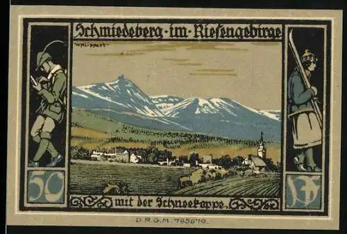 Notgeld Schmiedeberg im Riesengebirge, 50 Pfennig, Landschaft mit Stadtansicht und Denkmal auf der Schneekoppe