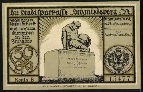 Notgeld Schmiedeberg im Riesengebirge, 50 Pfennig, Landschaft mit Stadtansicht und Denkmal auf der Schneekoppe