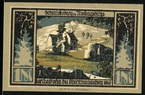 Notgeld Schmiedeberg 1920, 1 Mark, Landschaft und Denkmal mit Krieger-Statue der Stadtsparkasse Schmiedeberg