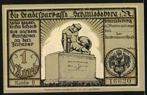 Notgeld Schmiedeberg 1920, 1 Mark, Landschaft und Denkmal mit Krieger-Statue der Stadtsparkasse Schmiedeberg