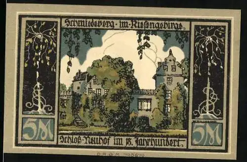 Notgeld Schmiedeberg, 1921, 5 Mark, Schloss Tannhof und Denkmal auf dem Marktplatz