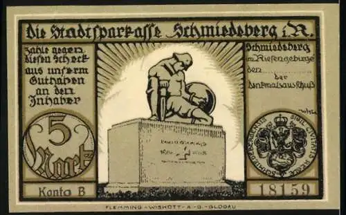 Notgeld Schmiedeberg, 1921, 5 Mark, Schloss Tannhof und Denkmal auf dem Marktplatz