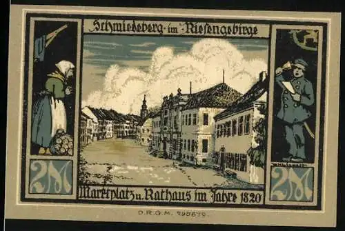 Notgeld Schmiedeberg 1920, 2 Mark, Marktplatz und Rathaus, Skulptur auf Denkmal