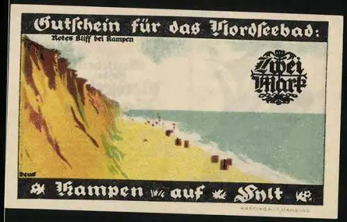 Notgeld Kampen auf Sylt 1921, Zwei Mark, Rotes Kliff und Segelschiff Illustration