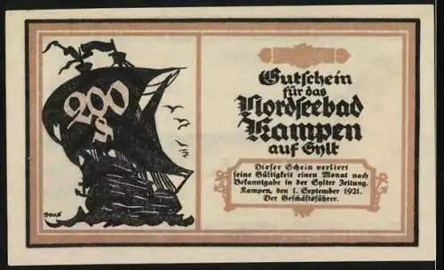 Notgeld Kampen auf Sylt 1921, Zwei Mark, Rotes Kliff und Segelschiff Illustration