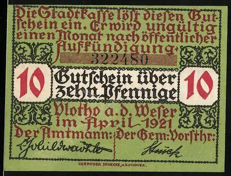 Notgeld Vlotho an der Weser, 1921, 10 Pfennig, Gutschein über zehn Pfennige mit Stadtwappen und floralen Mustern