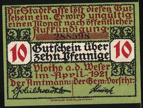 Notgeld Vlotho, 1921, 10 Pfennig, Stadt Vlotho an der Weser mit Stadtwappen und Lilien, Rückseite mit Ausgabedatum und