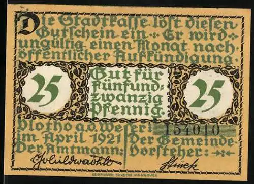 Notgeld Vlotho a.d. Weser 1921, 25 Pfennig, Landschaft mit Musikant und Stadtansicht