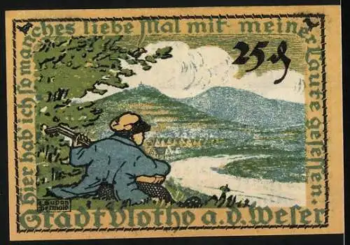 Notgeld Vlotho a.d. Weser 1921, 25 Pfennig, Landschaft mit Musikant und Stadtansicht