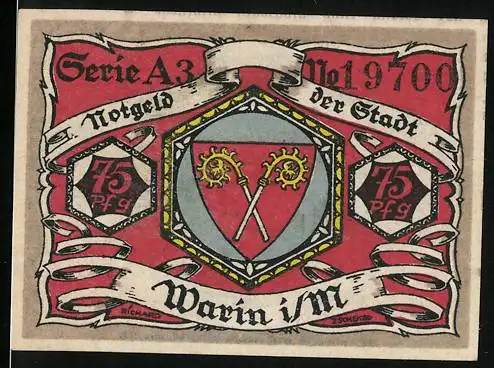 Notgeld Warin i/Mecklenb., 75 Pfennig, Serie A3, Wappen und Stadtansicht