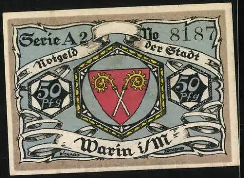 Notgeld Warin, 1921, 50 Pfennig, Stadtansicht und Stadtwappen, Serie A2 No. 8187