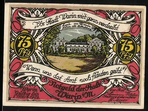 Notgeld Warin 1921, 75 Pfennig, Stadtansicht und Wappen mit Eichenzweig