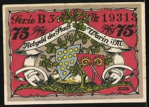 Notgeld Warin 1921, 75 Pfennig, Stadtansicht und Wappen mit Eichenzweig