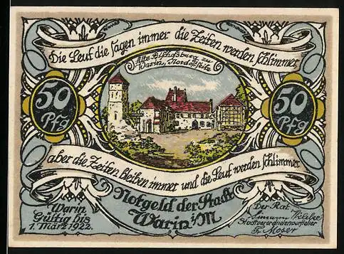 Notgeld Warin 1921, 50 Pf, Die Warinburg in Warin und Stadtwappen