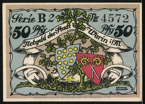 Notgeld Warin 1921, 50 Pf, Die Warinburg in Warin und Stadtwappen