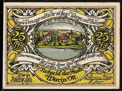 Notgeld Warin 1921, 25 Pfennig, Landschaft und Wappen mit Baum im Hintergrund