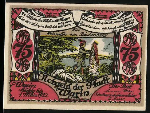 Notgeld Warin, 1921, 75 Pfennig, Mann mit Frau an Grenze und Stadtwappen