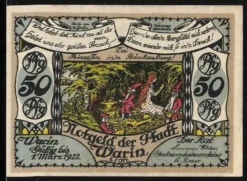 Notgeld Warin 1921, 50 Pfennig, Märchenhafte Szene im Wald und Stadtwappen mit zwei Schlüsseln