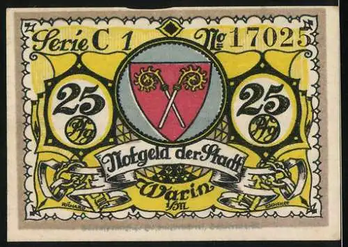 Notgeld Warin 1921, 25 Pfennig, Stadtansicht mit Burg und Wappen, gültig bis 1. März 1922