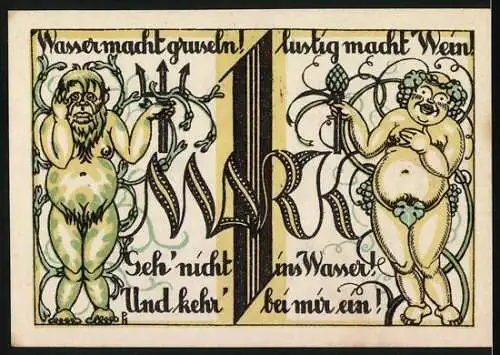 Notgeld Wyk auf Föhr 1923, Eine Mark, Altdeutschen-Keller, Wasser macht gruseln, lustig macht Wein