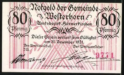 Notgeld Westerhorn 1921, 80 Pfennig, Eisenbahn-Szene und Gedicht, Amtsbezirk Hörnerkirchen