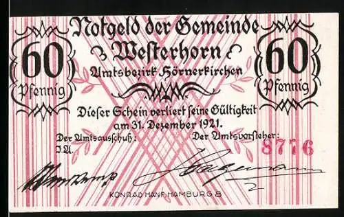 Notgeld Westerhorn, 1921, 60 Pfennig, Vorderseite mit Text und Rückseite mit Kühen auf der Weide