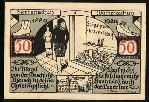 Notgeld Weissenfels 1921, 50 Pfennig, Herrenschuh- und Damenschuh-Motiv, Rathaus, gültig für vier Wochen