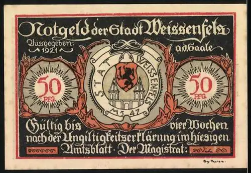 Notgeld Weissenfels 1921, 50 Pfennig, Herrenschuh- und Damenschuh-Motiv, Rathaus, gültig für vier Wochen