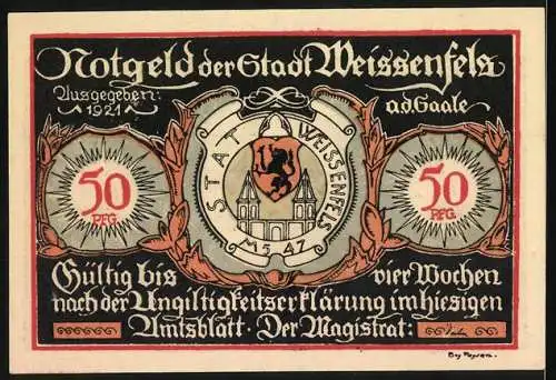 Notgeld Weissenfels 1921, 50 Pfennig, Reitergefecht 1620 und 1680, Augustusburg, gültig vier Wochen