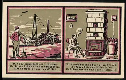 Notgeld Schwaan 1922, 25 Pfennig, Szene mit Arbeiter und Ofen, Stadtwappen mit Schwänen, gültig bis 31. März 1922