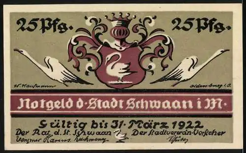 Notgeld Schwaan 1922, 25 Pfennig, Szene mit Arbeiter und Ofen, Stadtwappen mit Schwänen, gültig bis 31. März 1922