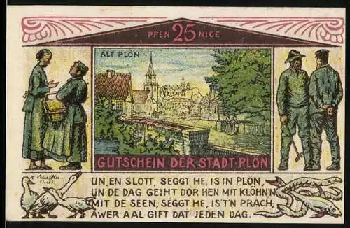 Notgeld Plön, 1921, 25 Pfennig, Gutschein der Stadt Plön mit Stadtansicht und Fischer