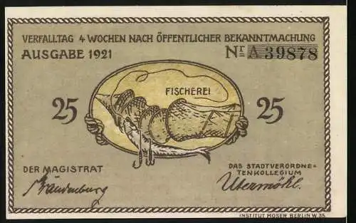 Notgeld Plön, 1921, 25 Pfennig, Gutschein der Stadt Plön mit Stadtansicht und Fischer