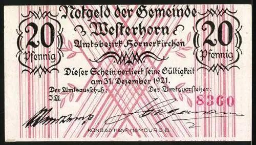 Notgeld Westerhorn 1921, 20 Pfennig, Landschaft mit Küste und Text in Plattdeutsch