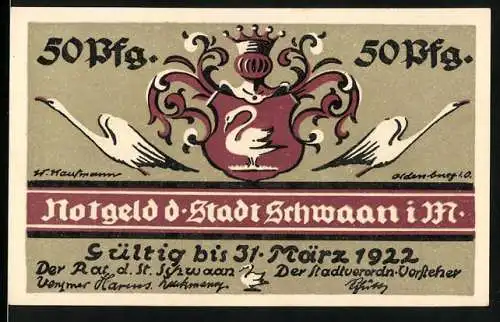 Notgeld Schwaan 1922, 50 Pfennig, Vorderseite Wappen und Schwäne, Rückseite Ochsen-Schule